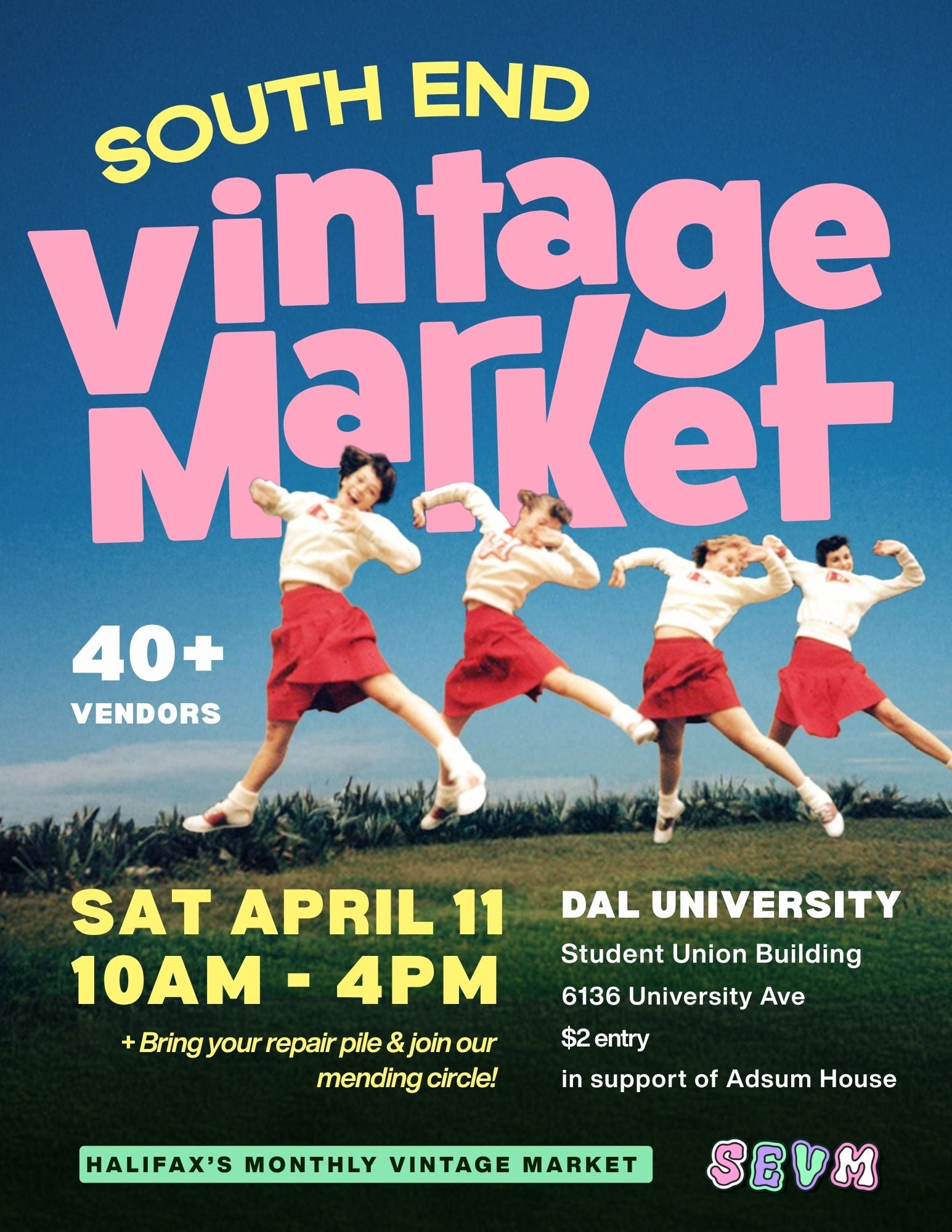 Advertisement for South End Vintage Market with children playing on grass, blue sky, and event details.